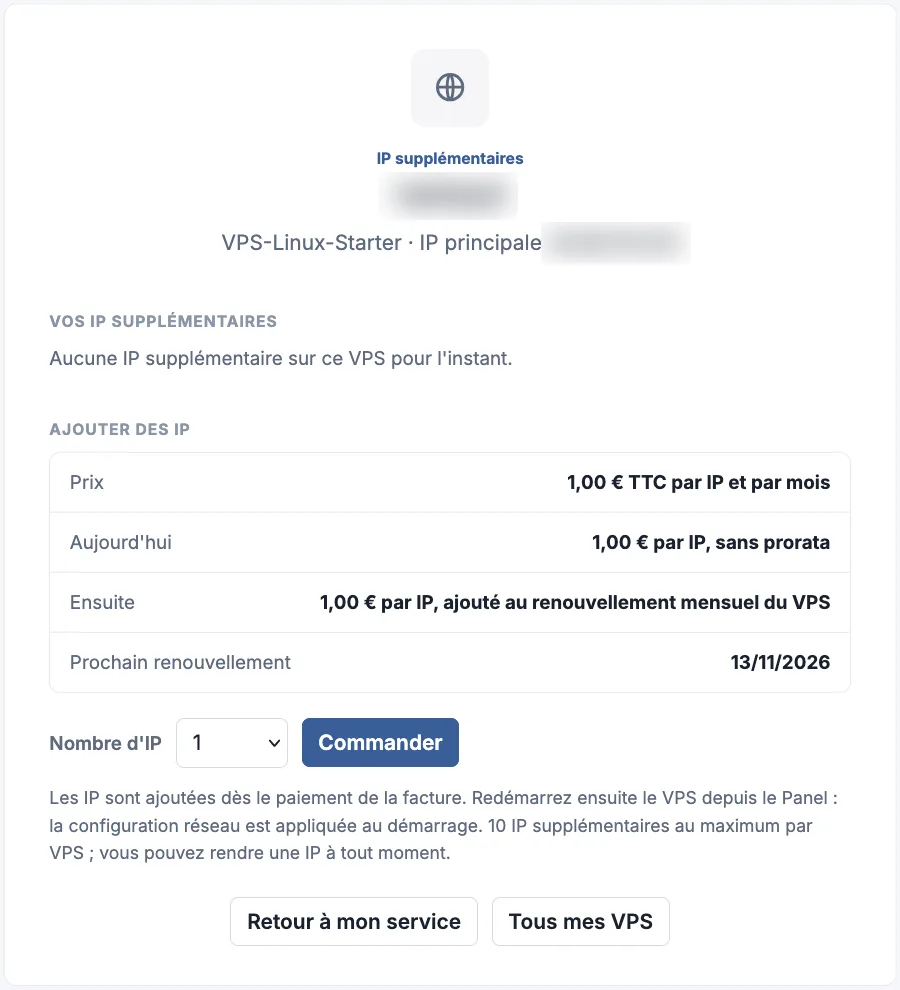 Page de commande d'IP supplémentaires avec le tarif, le prochain renouvellement, le nombre d'IP et le bouton Commander