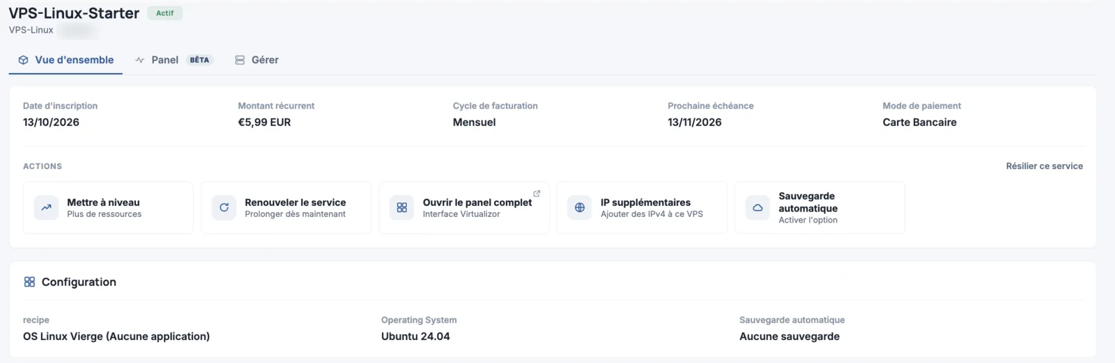 Fiche d'un VPS dans l'espace client ElypseCloud, tuile IP supplémentaires dans le bloc Actions